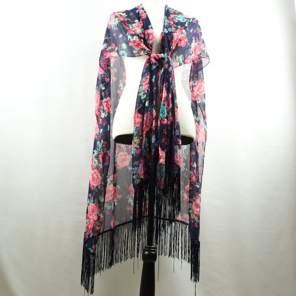 Torrid Floral Print Wrap Blue Floral Shawl OneSize - Picture 3 of 10